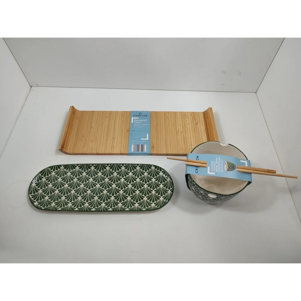 Crofton Stoneware Large Noodle‎ Bowl With Chopstick Holders+Tray+Bamboo Tray.
